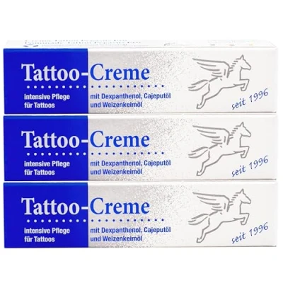 Afbeelding van Pegasus Pro Tattoo crème, set van 3, dagelijkse verzorging en aftercare, hydraterend met cajeputolie, elk 25 ml, optimale tattoobescherming, Made in Germany