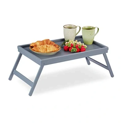 Afbeelding van Relaxdays bedtafel bamboe, inklapbare pootjes, verhoogde rand, ontbijtplankje voor op bed, HBD: 4 x 50 31 cm, grijs
