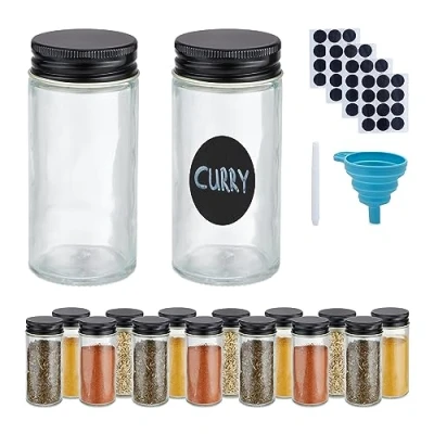 Afbeelding van Relaxdays kruidenpotjes set met labels rond kruidenstrooiers rvs glas keuken van 16