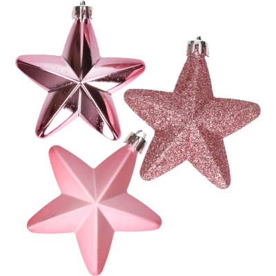 Afbeelding van Kerstornamenten kunststof sterren 6x st roze 7 cm Kersthangers