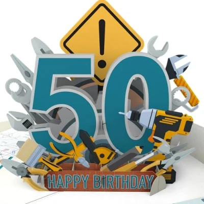Afbeelding van LIMAH® Pop Up 3D verjaardagskaart 50e verjaardag / jubileum voor man, opa, papa passend bij voucher, cadeau of geldgeschenk motief Happy Birthday 50 met tandwielen en gereedschap