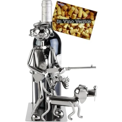 Afbeelding van BRUBAKER Wijnfleshouder Jager met Jachthond Metalen Flessenhouder Jachtcadeau Figuur Hond Wijncadeau Cadeaukaart Kleur: Zilver