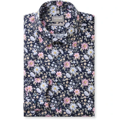 Afbeelding van OLYMP comfort fit overhemd popeline marine blauw dessin Strijkvrij Boordmaat: 43