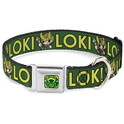 Afbeelding van Hondenhalsband Veiligheidsgordel Gesp Kawaii Loki Staande Pose Tekst Groen Geel 15 tot 26 Inch 1.0 Breed