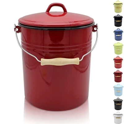 Afbeelding van KRÜGER Vuilnisemmer met deksel, stalen afvalemmer emaille coating en houten handvat, snij krasbestendig oppervlak, duurzaam veelzijdig inzetbaar (10 liter, rood)