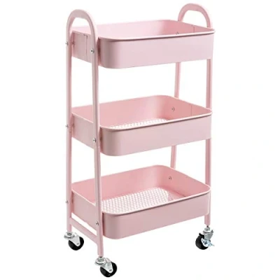 Afbeelding van DOEWORKS Opbergwagen 3 etages Metaal Utility Cart rolwagen, Organizer Trolley met Wielen voor Keuken, Make up, Badkamer, Kantoor, Roze