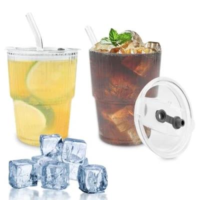 Afbeelding van Newpop Koffiekopjes, glas, 400 ml, espressoglazen, cappuccinokopjes, transparant, luchtdicht en waterdicht, met deksel rietje, voor latte macchiato, whisky
