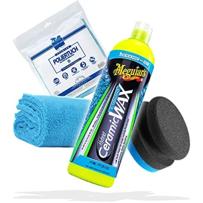 Afbeelding van detailmate Auto verzorgingsset: Meguiars Hybrid Ceramic Liquid wax 473 ml microvezel polijstdoek blauw 550 GSM + applicatiespons autoverzorging verzegeling