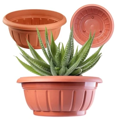 Afbeelding van KADAX Bloemenschaal, ronde plantenbak, plantenbak van kunststof, weerbestendige bloempot voor buiten, bloemen, planten, tuin, balkon, decoratie, bloempot, vorstbestendig, 23 cm, terracotta