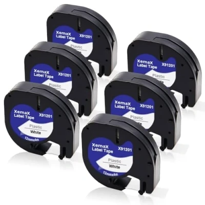 Afbeelding van 6x XemaX Label Tape Compatibel voor Dymo LetraTag 91201 91221 S0721660 12mm x 4m Etikettenband Banden Cassette LT 100H 100T 2000 200B XR XM Printer, Zwart op Wit