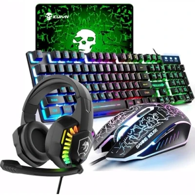 Afbeelding van UK Layout 4 in 1 gamingtoetsenbord en muissets Rainbow USB met achtergrondverlichting + 2400 DPI 6 knoppen Optische regenboog LED gamingmuis gamingheadset muismatten