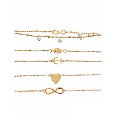 Afbeelding van Joboly Enkelbandje set infinity hartje anker hand 5 delig Dames Goudkleurig 20 cm