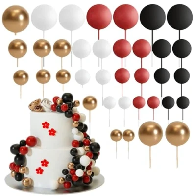 Afbeelding van 36 stuks baltaarttoppers mini ballontaartdecoraties, schuimbal taartplectrums, bolvormige cupcaketoppers, doe het zelf taarttoppers voor bruiloft, verjaardagsfeest, taartdecoraties (zwart)