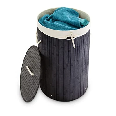 Afbeelding van Relaxdays wasmand bamboe wasbox met deksel 70 liter rond 65 x 41 cm zwart
