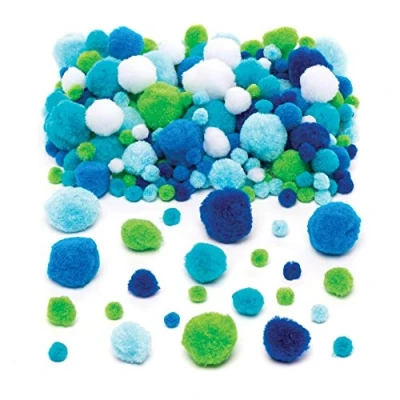 Afbeelding van Baker Ross AW363 grote verpakking pompons in de kleuren van zee (200 stuks) levendige kleuren: wit, blauw en groen
