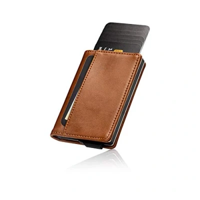 Afbeelding van Saetti Pasjeshouder Luxe Portemonnee Bruin 12 Pasjes + Briefgeld RFID Creditcardhouder Mannen &amp; Vrouwen Uitschuifbaar Kaarthouder Incl. Cadeaubox