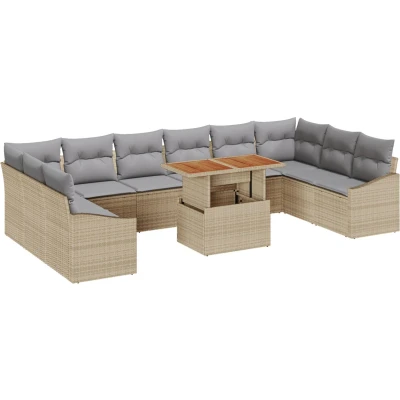 Afbeelding van vidaXL 11 Delige Tuin Eettafelset met Kussens Beige Poly Rattan Acacia