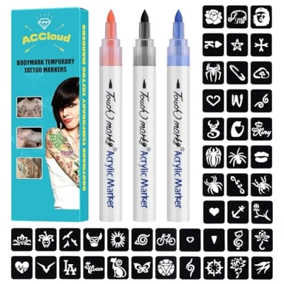 Afbeelding van ACCloud Tijdelijke tatoeage markers voor huid, 3 Lichaam Marker+ 63 Sjablonen Kit Vrouwen Man, Flexibele penseeltip