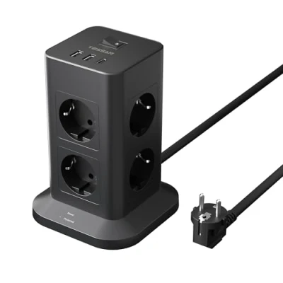 Afbeelding van TESSAN 8 Voudige Stekkerdoos,Meervoudige Overspanningsbeveiliging, Stekkerdoos met 1 USB 2 C, Meervoudige Stekker 2M Verlengsnoer, Wandcontactdoos, Verdeelstekker voor Thuis, Zwart
