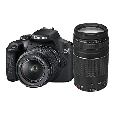 Afbeelding van Canon EOS 2000D Spiegelreflexcamera (24,1 MP, DIGIC 4+, 7,5 cm (3,0 inch) lcd scherm, full hd, wifi, APS C CMOS Sensor) inclusief lenzen EF S 18 55 mm F3.5 5.6 IS II en 75 300 F4 III, zwart