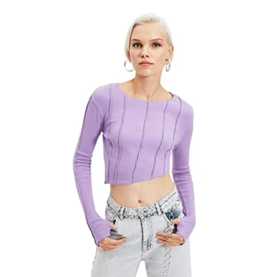 Afbeelding van Trendyol Dames getailleerde asymmetrische gebreide blouse met ronde hals, Paars, XL
