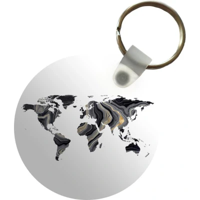 Afbeelding van Sleutelhanger Wereldkaart Goud Zwart Wit Plastic Rond Uitdeelcadeautjes