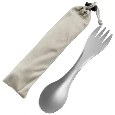 Afbeelding van QEEYON titanium lepel/spork, multifunctioneel campingbestek, 2 in 1 lepel, vork, herbruikbaar, ultralicht, spork bestek met opbergtas voor wandelen