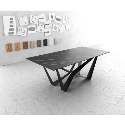 Afbeelding van Eettafel Edge Laminam® keramiek bruin 200x100cm middenvoet vlak staal zwart