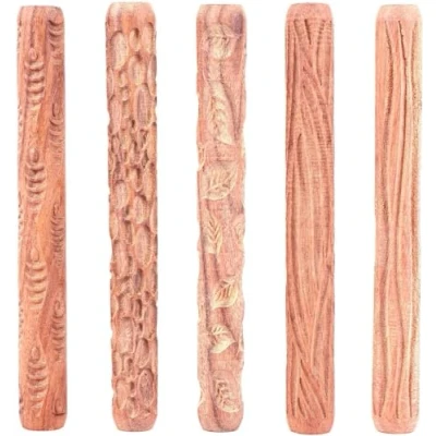 Afbeelding van Gokelomg 5 stuks pottenbakkersgereedschap houten handrollen voor klei, stempel, klei patroon