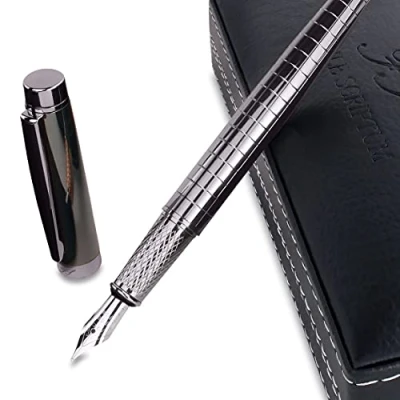 Afbeelding van Facile Scriptum Hoogwaardige metalen vulpen met elegante kunstleren hoes, model Dark Graphene, perfect om te schrijven en cadeau geven, donkergrijs