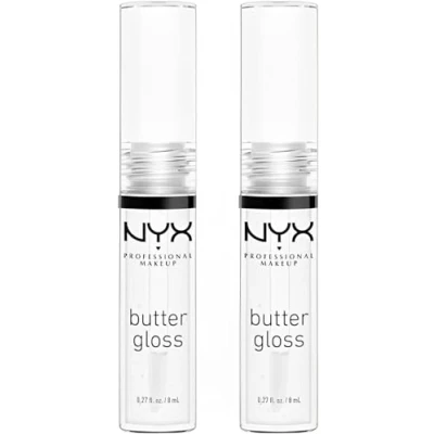 Afbeelding van NYX Professional Makeup Lipgloss met glanzende afwerking en niet kleverige formule, boter gloss, helder, dubbelpak