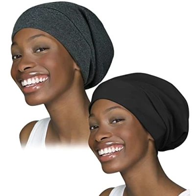 Afbeelding van FocusCare Satijn gevoerde slap slouchy cap curly hoofddeksel cadeau voor kroeshaar één maat past bijna iedereen, Black Gray