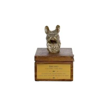 Afbeelding van Art Dog handgemaakte aangepaste hondenherdenkingsurn koudgegoten bronzen hondenkop op berkenbasis langdurige hondencrematiedoos 16x28x16cm Franse bulldog