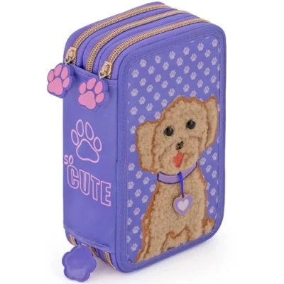 Afbeelding van Julian Ross Drievoudig gevuld etui voor kinderen, 45 accessoires de basisschool, 3 ritssluitingen, georganiseerde vakken, kleurpotloden, viltstiften, lijm, schaar, Puppy Love, pennenhouder