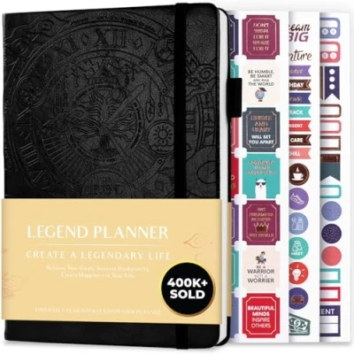 Afbeelding van Legend Planner Deluxe week &amp; maand lifeplanner om uw doelen te bereiken en gelukkiger leven. Organisator Notebook Productiviteitsdagboek. A5 Hardcover, niet gedateerd Starten op elk moment + Stickers (Zwart)