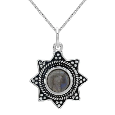 Afbeelding van Zilveren ketting dames met hanger ketting, ster ronde labradoriet steen geoxideerde rand