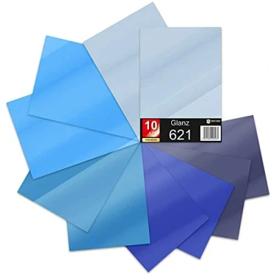 Afbeelding van 10 x DIN A4 vellen plotterfolie 621/631 zelfklevende folie in set vinyl voor plotten DIY knutselfolie sticker belettering 29,7 21 cm (blauw tinten mat, van 10)