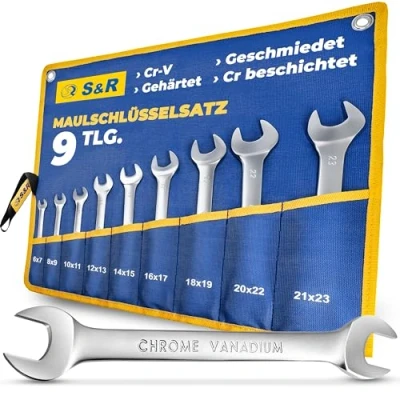 Afbeelding van S&amp;R dubbele steeksleutelset 9 delig, Master serie, professionele steeksleutels 6 23 mm, Cr V industrieel staal, gesmeed, gehard, dubbel verchroomd, gematteerd, sleutel in Tetron oproletui