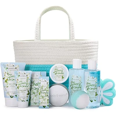 Afbeelding van BODY &amp; EARTH Cadeauset vrouwen, 11 stuks. Jasmijn geschenkmand, etherische olie, douchegel, schuimbad, shampoo zeep, bodylotion, badbom, badzout, verjaardagscadeau mama, vriendin