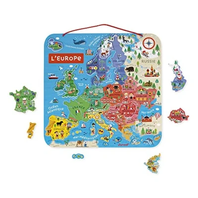 Afbeelding van Janod Magnetic Wooden European Map Tour Of Europe In 40 Magnets Educational Puzzle to Discover Geography, Hang On The Wall Poetic Illustrations from 7 Years Old, J05476