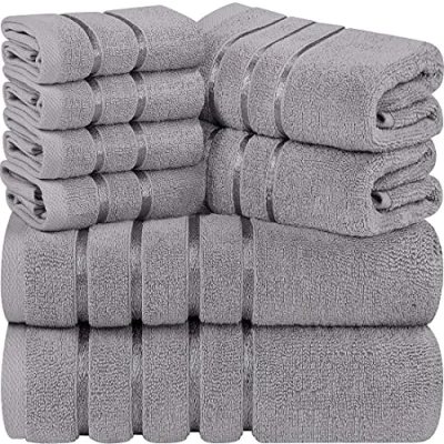 Afbeelding van Utopia Towels 8 delige luxe handdoekenset, 2 badhanddoeken, handdoeken en 4 washandjes, 97% ringgesponnen katoen zeer absorberend viscose streep ideaal voor dagelijks gebruik (Koel Grijs)