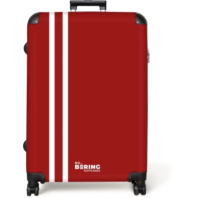Afbeelding van NoBoringSuitcases.com® Koffer groot Reiskoffer lichtgewicht Rode achtergrond met dubbele witte zijstrepen links Rolkoffer 4 wielen Grote trolley XL 98 liter bagage