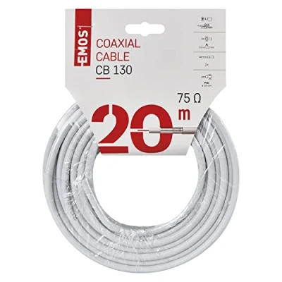 Afbeelding van EMOS Antennekabel 20 m wit, coaxkabel voor bekabeling, tv en SAT, type CB130, televisiekabel met afschermingsmaat 75 dB, weerstand ohm