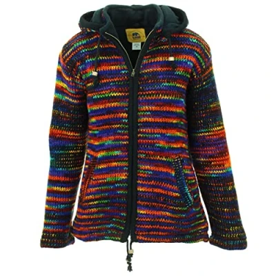 Afbeelding van LOUDelephant Hand gebreide wollen jas met capuchon vest dames gesneden S XXL gevoerd warm, Sd Zwarte Regenboog, XL