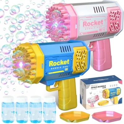 Afbeelding van JEDWKFA 2 stuk zeepbelpistool voor kinderen, 40 gaten automatische zeepbellen Pistolen, zeep bubbels pistool 4 flessen bellen vloeistof + platen met, bazooka met licht