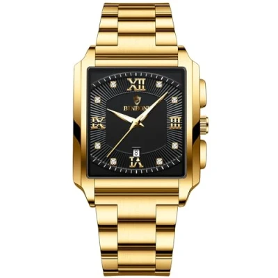 Afbeelding van JewelryWe Mannen Vierkante Lichtgevende Horloges: Zakelijke Datum Waterdichte Analoge Quartz Rechthoekige Hollow Out Dial Roestvrij Staal Tank Horloge, Goud Zwart