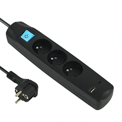 Afbeelding van Electraline 35605 stekkerdoos 3 Franse stopcontacten + 2 USB 3,4 A 17 W 1 type C, met aan/uit schakelaar, extra platte stekker 90 16 A, kabel 1,5 m, zwart
