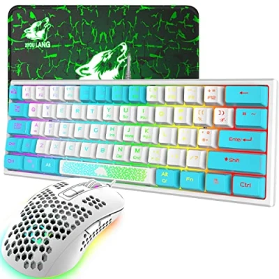 Afbeelding van K61 UK Layout RGB 60% Gaming Toetsenbord Muis Set Bedraad 62 toetsen Mini Draagbaar 7 LED Backlit 19 Anti ghosting + 2400 DPI Ultralight Muismat Wit Gemengd