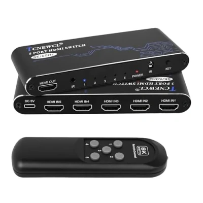 Afbeelding van TCNEWCL HDMI 2.1 Switch 5 in 1 Out, 8K/60Hz 4K/120Hz Schakelaar Port, 5x1 Switcher Selector Video Schakelpaneel met IR afstandsbediening, voor PS5/PS4/Xbox/Blu Ray speler/HDTV/DVD