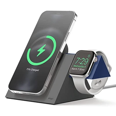 Afbeelding van elago MS5 Duo Oplaadstandaard Compatibel met MagSafe Lader, iPhone 15,14,13, 12 Series, Apple Watch Alle Series [Lader Niet Inbegrepen] (Donkergrijs + Jean Indigo)